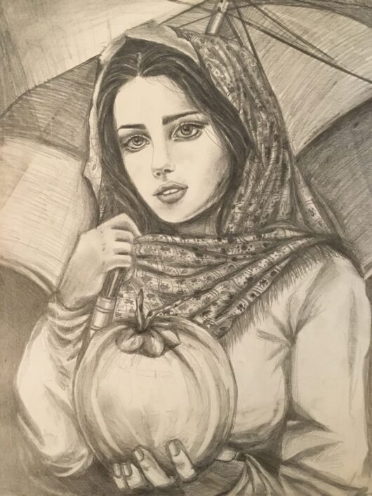 Pencil Drawings -A young lady with a coconut