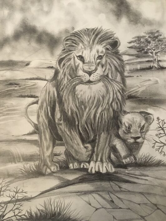 Pencil Drawings - The Lion and Lion Cub