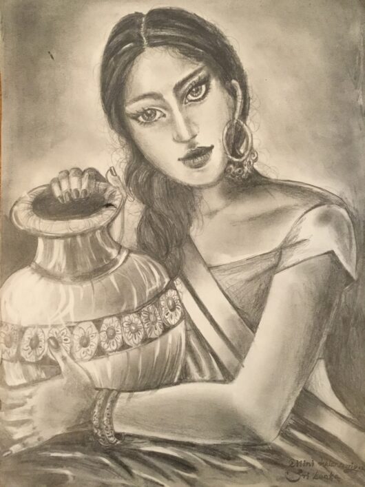 Pencil Drawings - Village Women with a pot